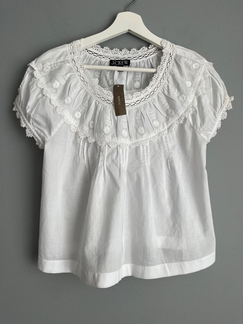 J.Crew NWT $98 Women's Embroidered Lace Trim Cap Sleeve Top White XS CV060
